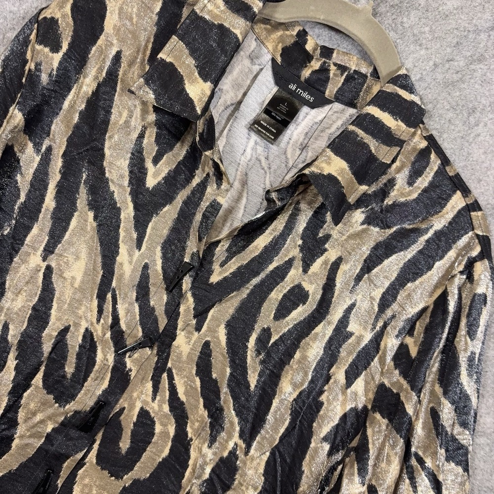 Ali Miles Satin Tunic Blouse Womens Sz L Black Brown Metallic Zebra Stripe Party